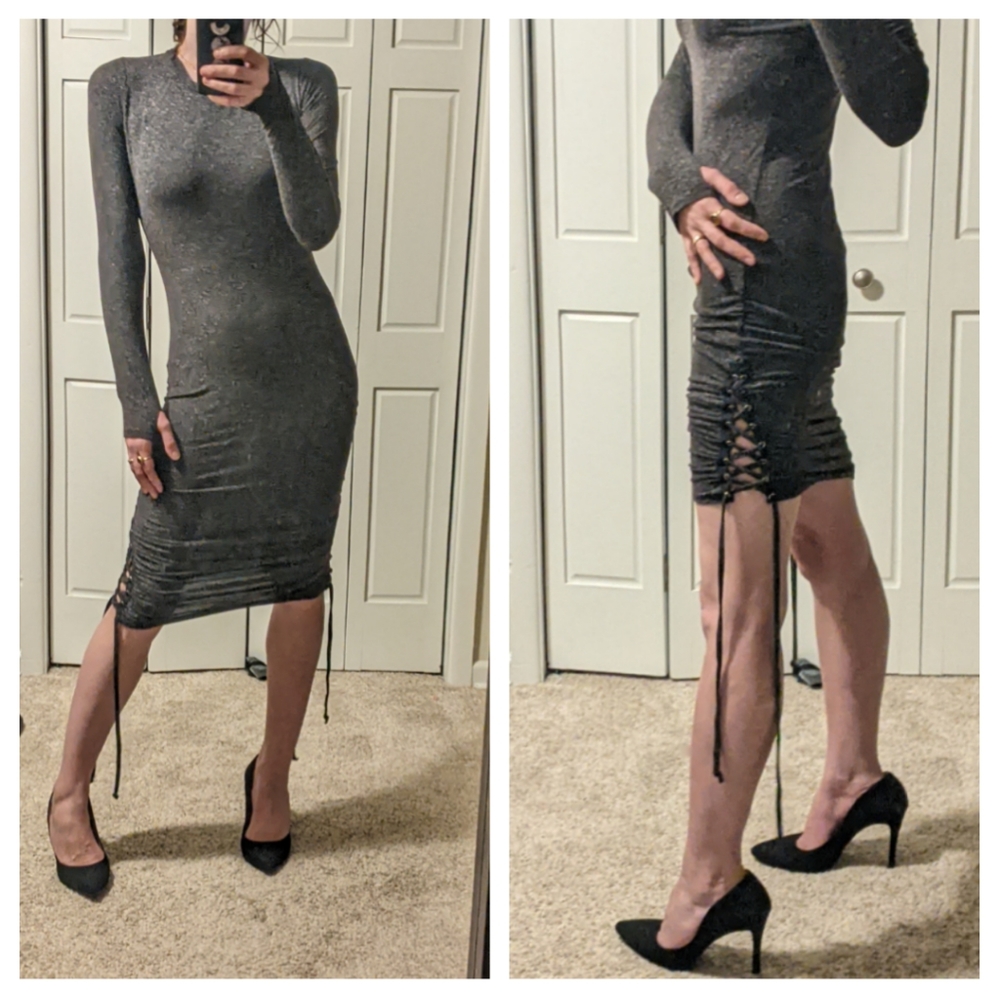 Linen Blend Stretch Athleisure Ruched Midi Bodycon Dress